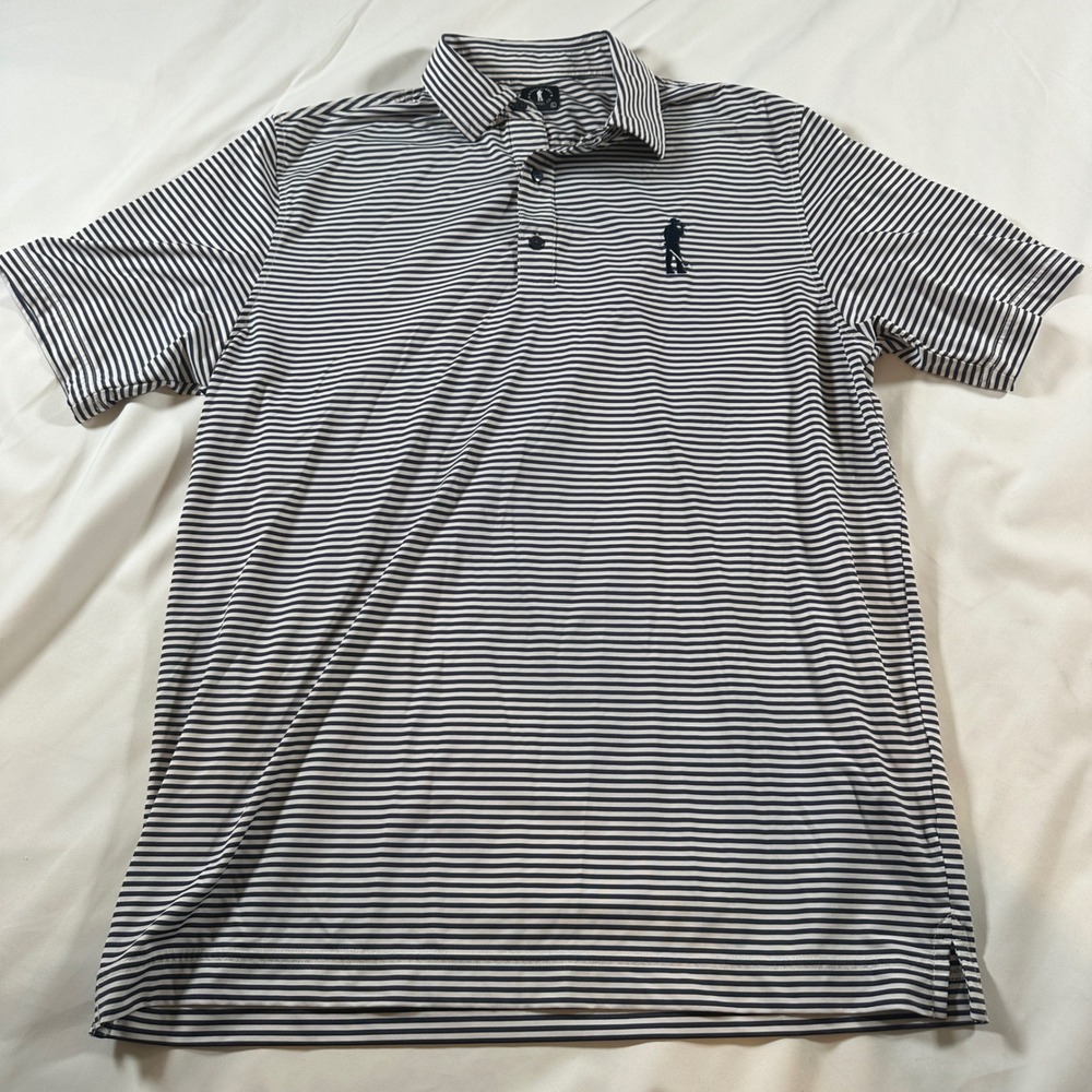 U Suck At Golf Apparel Co Mens Large Striped Performance Polo Shirt Navy White
